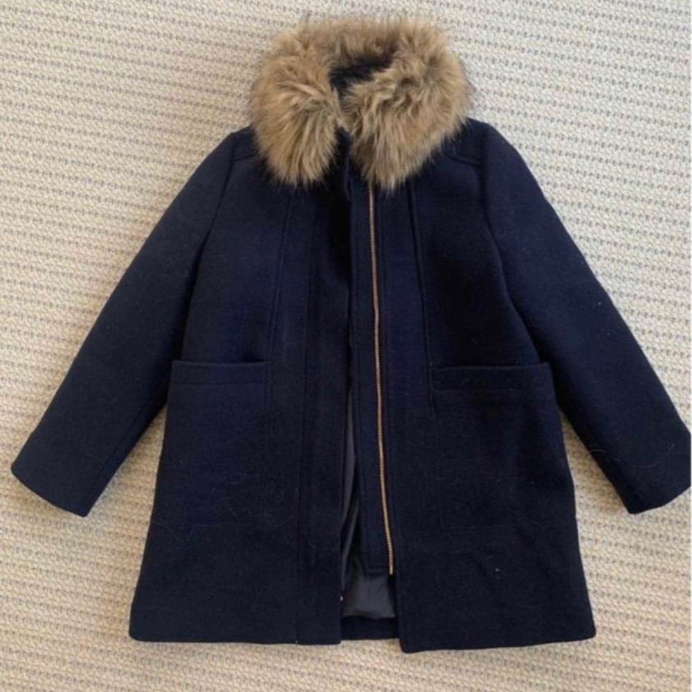 Crewcuts size 8 girls navy wool dress coat fur collar
